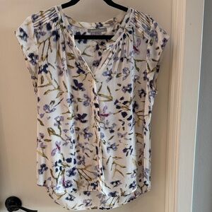 Daniel Rainn White Floral Blouse with Purple, Green and a Splash of Pink Accents